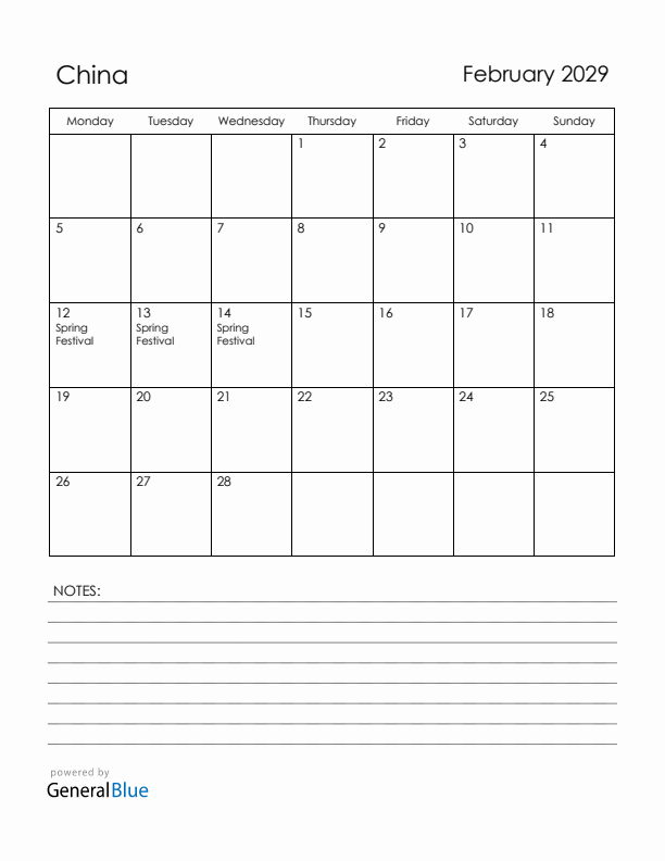 February 2029 China Calendar with Holidays (Monday Start)