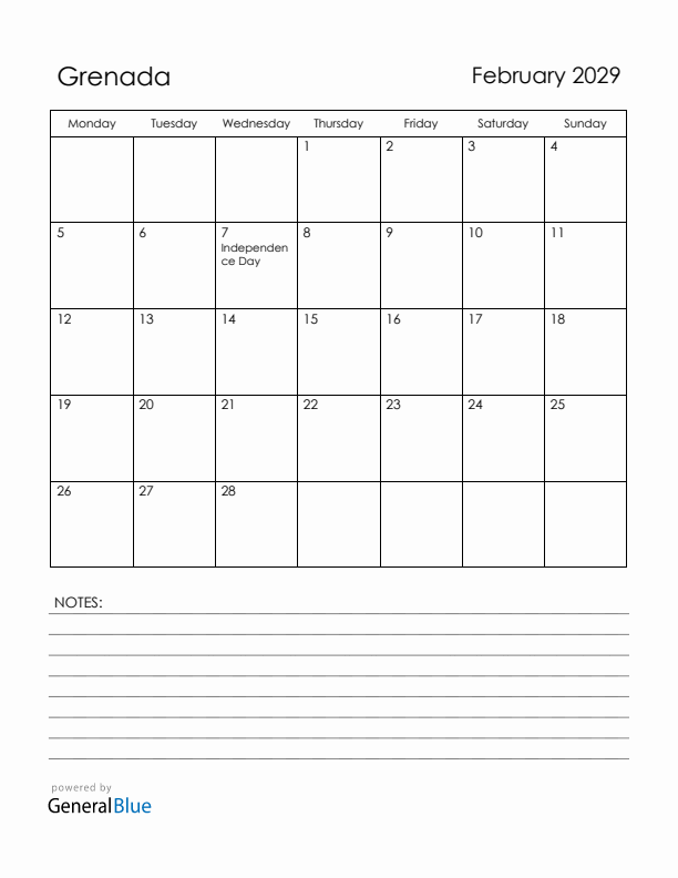 February 2029 Grenada Calendar with Holidays (Monday Start)