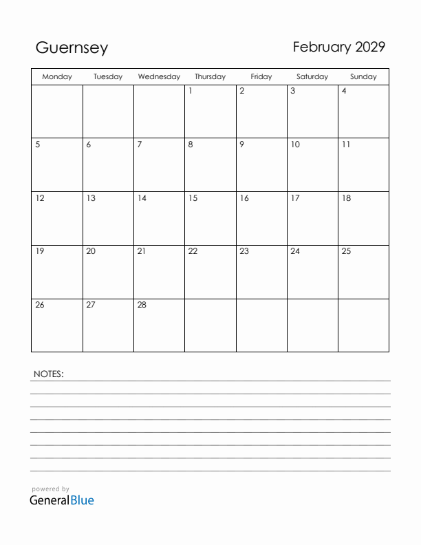 February 2029 Guernsey Calendar with Holidays (Monday Start)