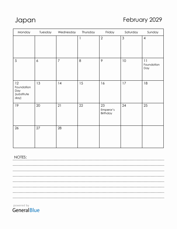February 2029 Japan Calendar with Holidays (Monday Start)