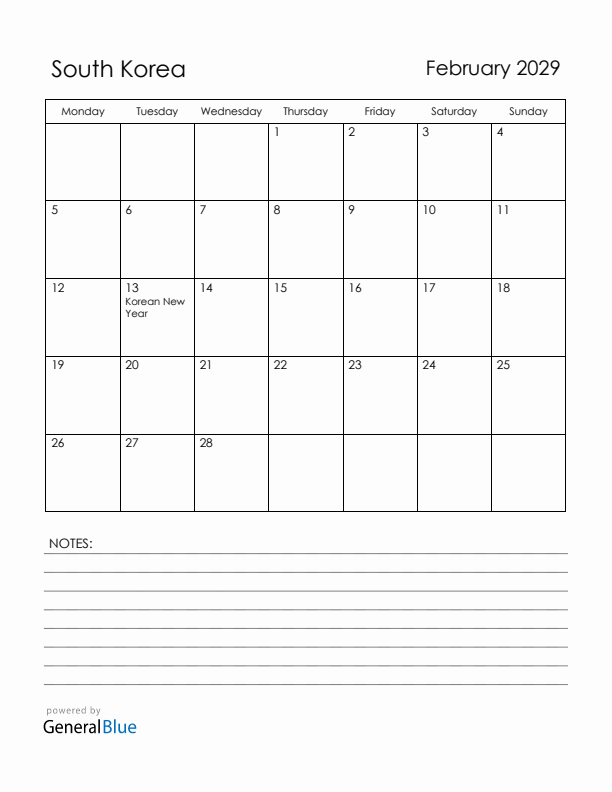 February 2029 South Korea Calendar with Holidays (Monday Start)