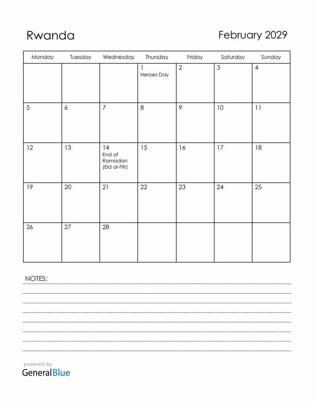 February 2029 Rwanda Calendar with Holidays (Monday Start)