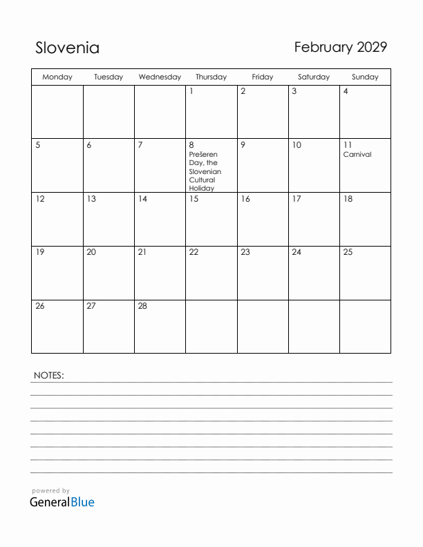 February 2029 Slovenia Calendar with Holidays (Monday Start)