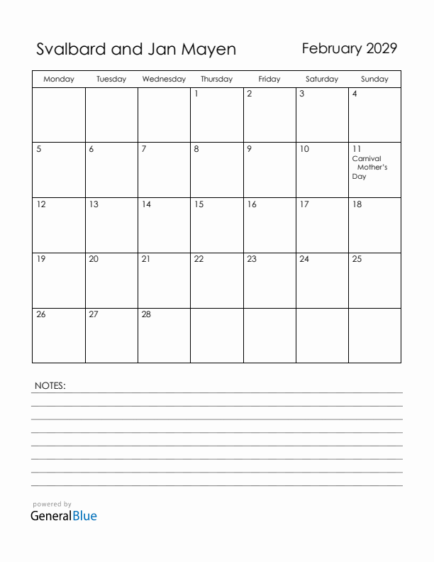 February 2029 Svalbard and Jan Mayen Calendar with Holidays (Monday Start)