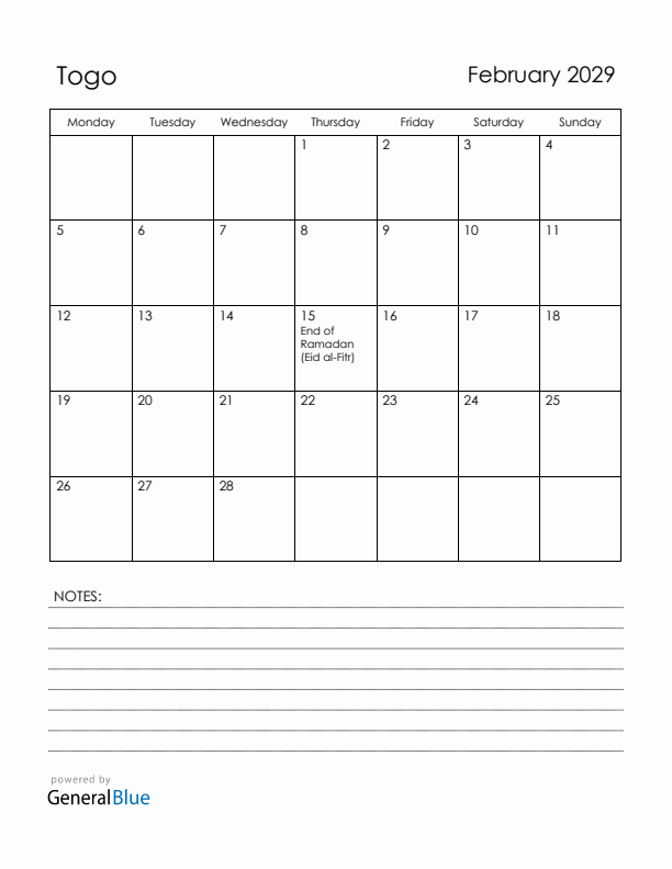 February 2029 Togo Calendar with Holidays (Monday Start)