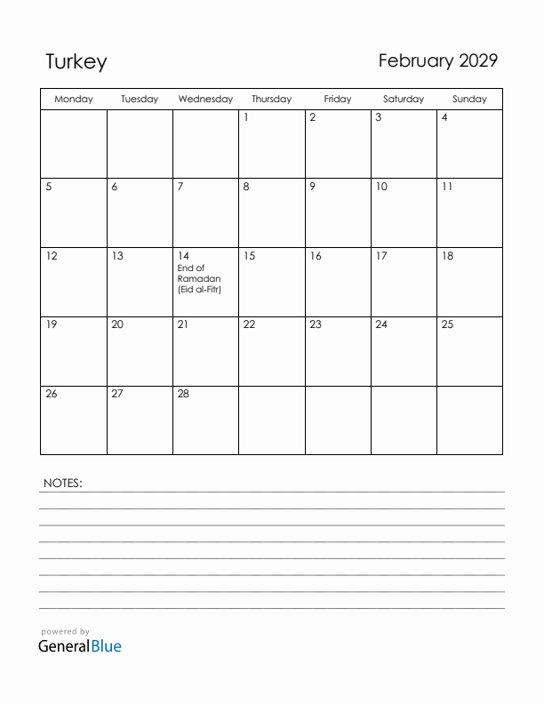 February 2029 Turkey Calendar with Holidays (Monday Start)