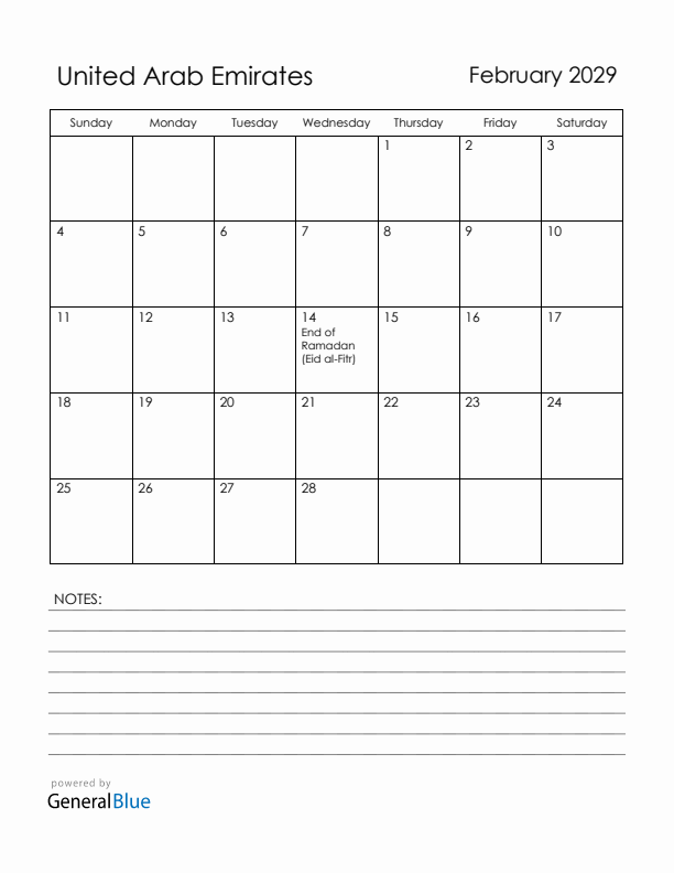 February 2029 United Arab Emirates Calendar with Holidays (Sunday Start)