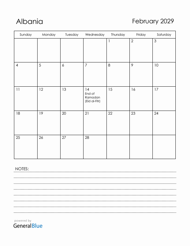 February 2029 Albania Calendar with Holidays (Sunday Start)