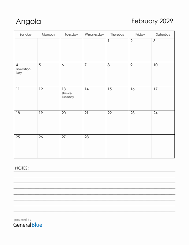 February 2029 Angola Calendar with Holidays (Sunday Start)