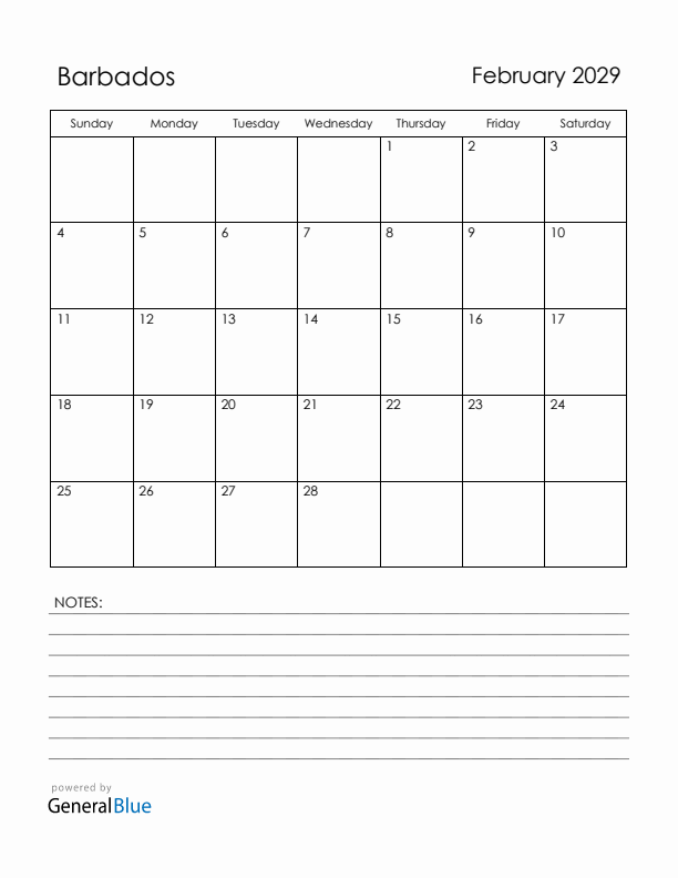 February 2029 Barbados Calendar with Holidays (Sunday Start)