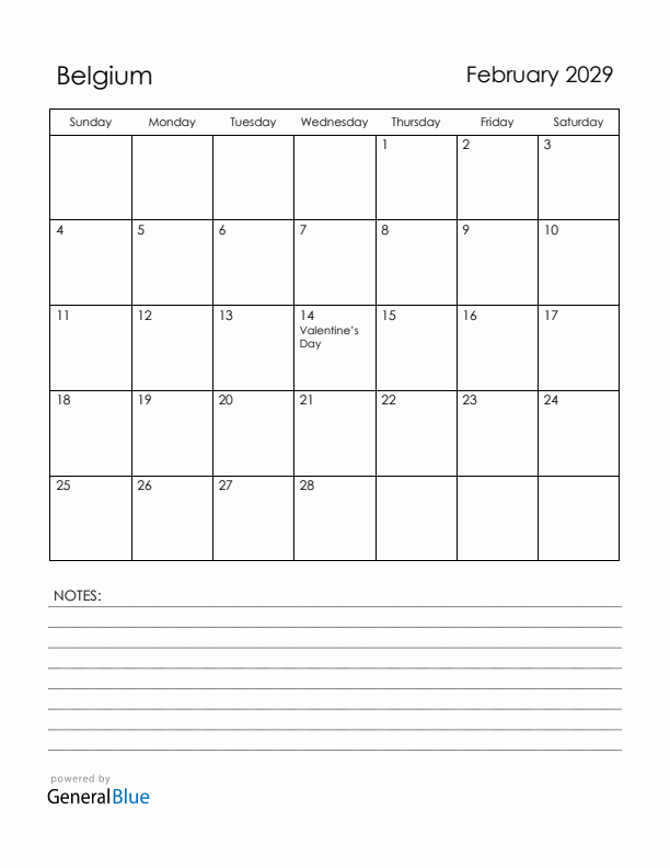 February 2029 Belgium Calendar with Holidays (Sunday Start)