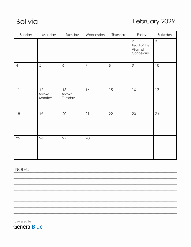 February 2029 Bolivia Calendar with Holidays (Sunday Start)