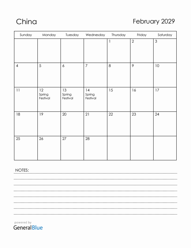 February 2029 China Calendar with Holidays (Sunday Start)