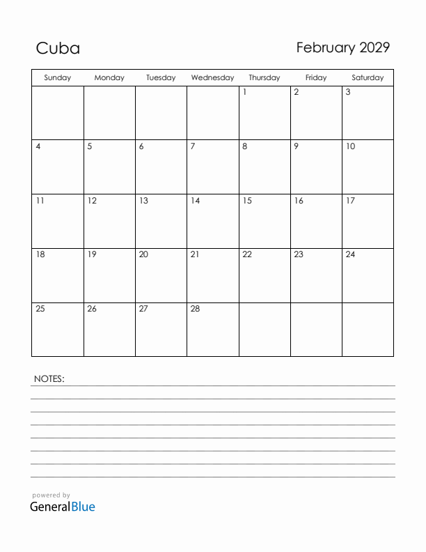 February 2029 Cuba Calendar with Holidays (Sunday Start)