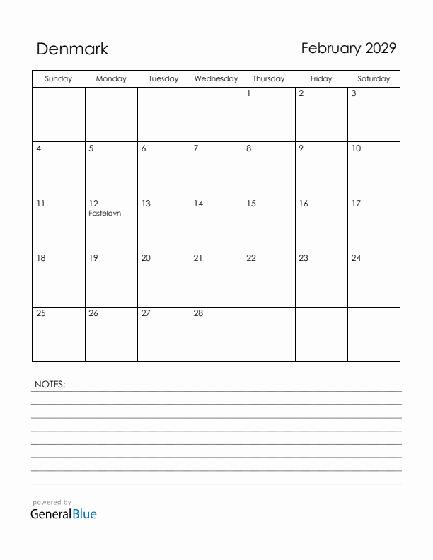 February 2029 Denmark Calendar with Holidays (Sunday Start)