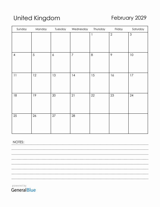 February 2029 United Kingdom Calendar with Holidays (Sunday Start)