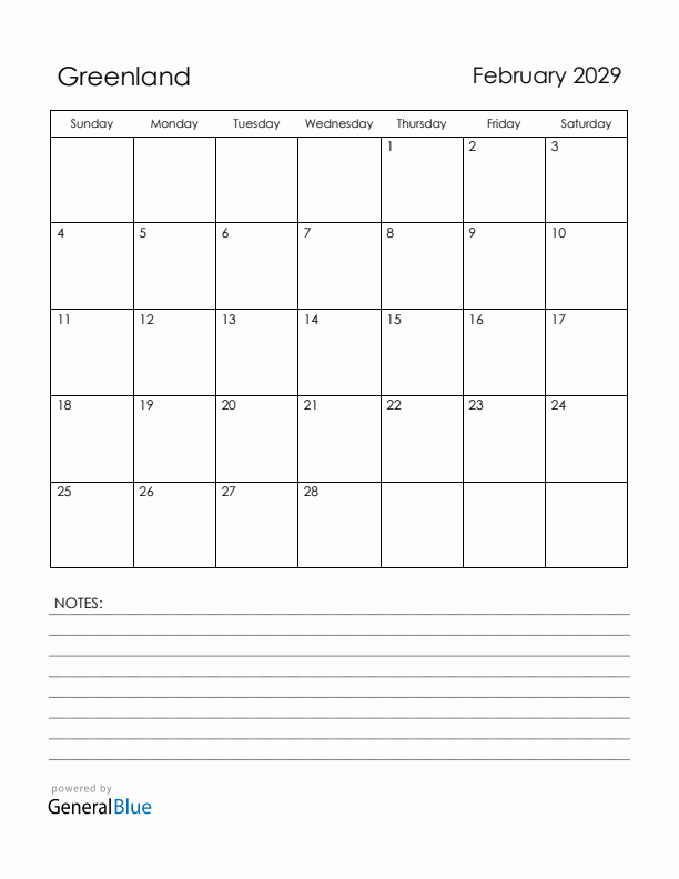 February 2029 Greenland Calendar with Holidays (Sunday Start)