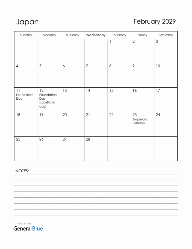 February 2029 Japan Calendar with Holidays (Sunday Start)