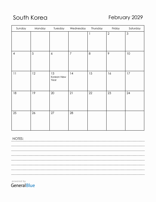 February 2029 South Korea Calendar with Holidays (Sunday Start)