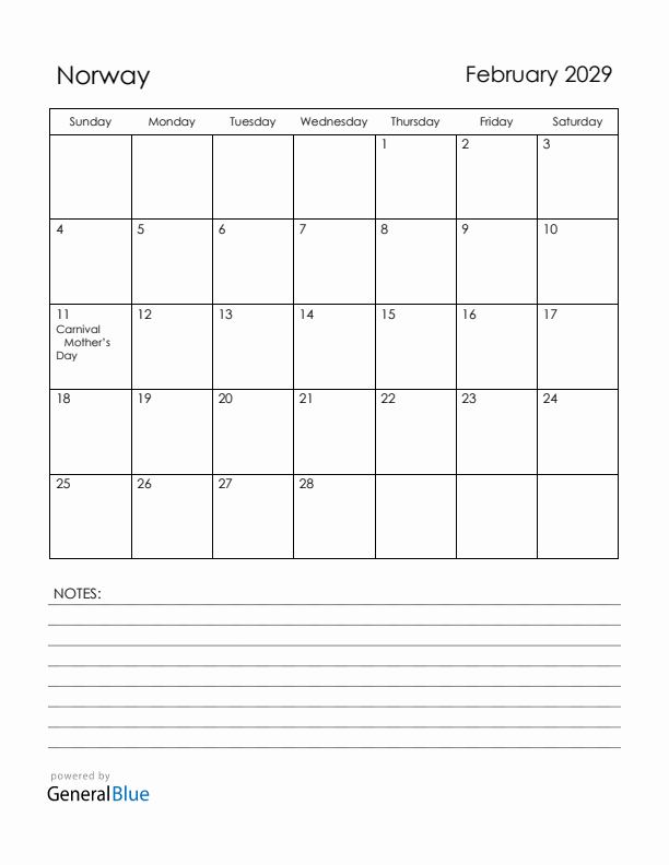 February 2029 Norway Calendar with Holidays (Sunday Start)