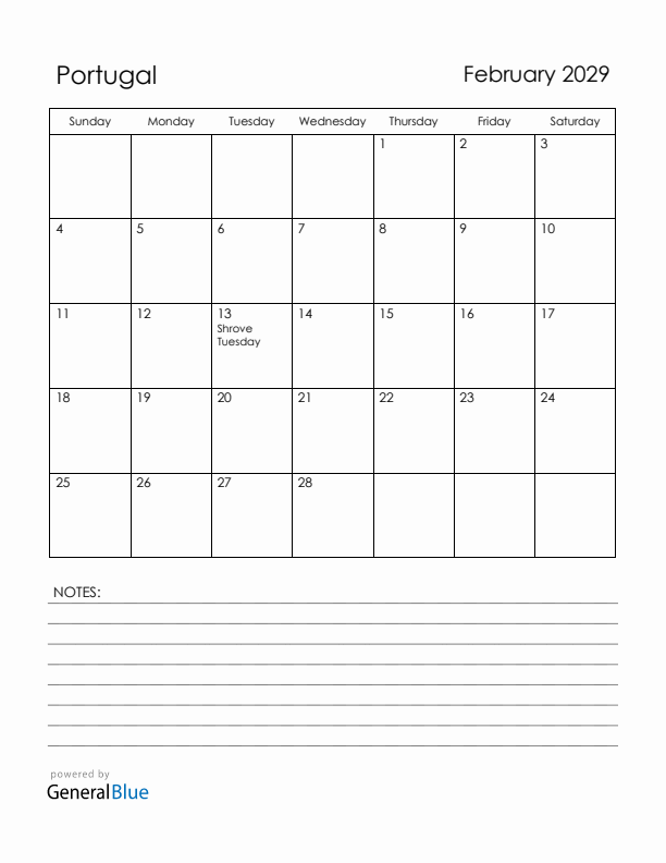 February 2029 Portugal Calendar with Holidays (Sunday Start)
