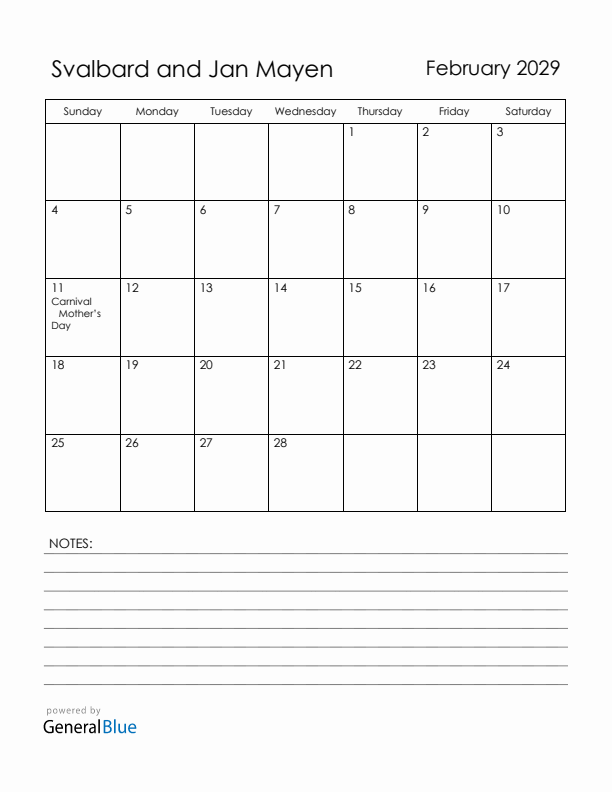 February 2029 Svalbard and Jan Mayen Calendar with Holidays (Sunday Start)