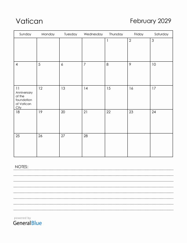 February 2029 Vatican Calendar with Holidays (Sunday Start)