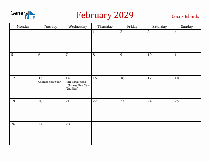 Cocos Islands February 2029 Calendar - Monday Start