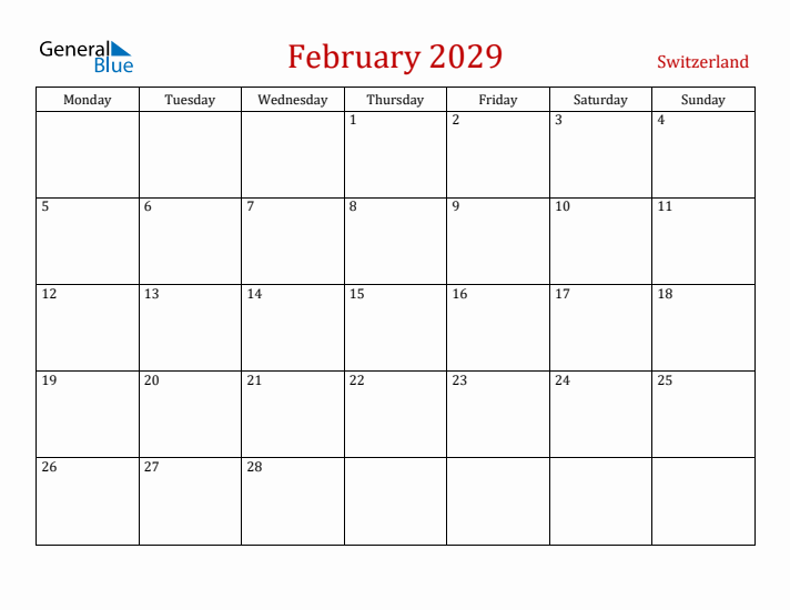 Switzerland February 2029 Calendar - Monday Start