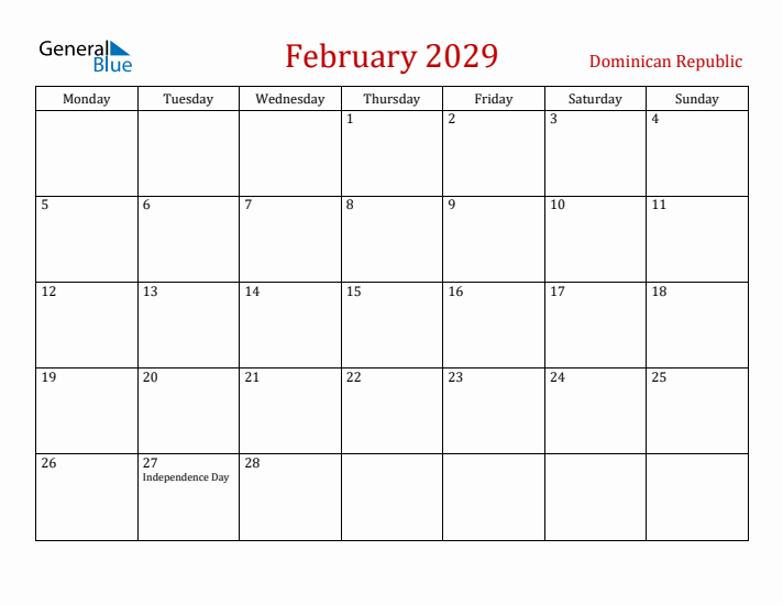 Dominican Republic February 2029 Calendar - Monday Start