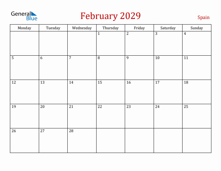 Spain February 2029 Calendar - Monday Start