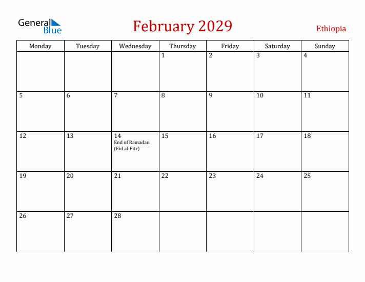 Ethiopia February 2029 Calendar - Monday Start