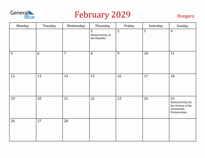 Hungary February 2029 Calendar - Monday Start