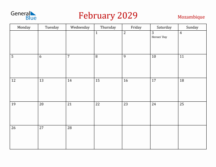 Mozambique February 2029 Calendar - Monday Start