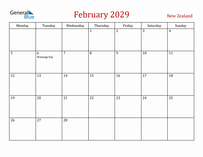 New Zealand February 2029 Calendar - Monday Start