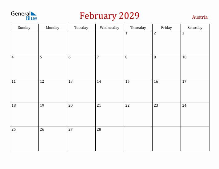 Austria February 2029 Calendar - Sunday Start