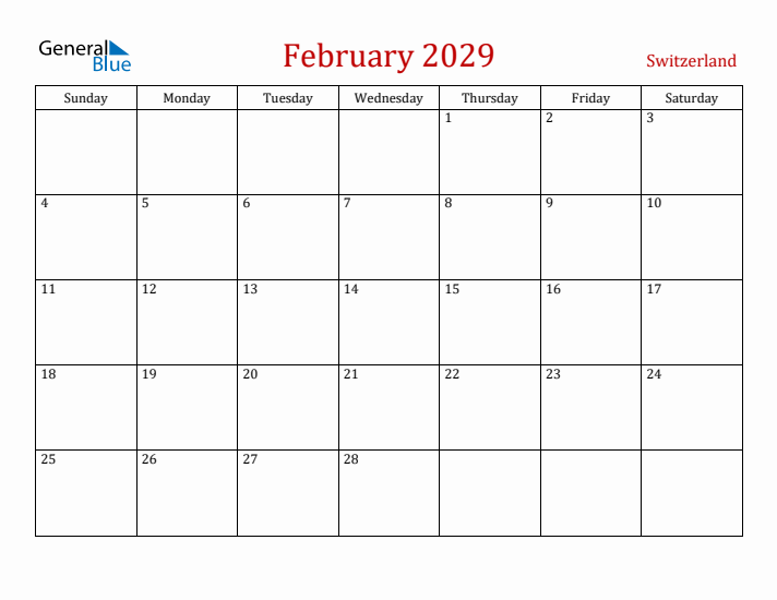 Switzerland February 2029 Calendar - Sunday Start