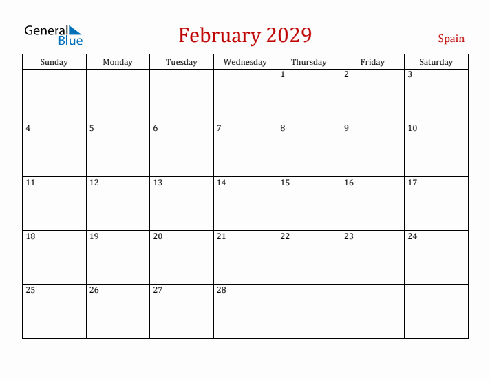 Spain February 2029 Calendar - Sunday Start