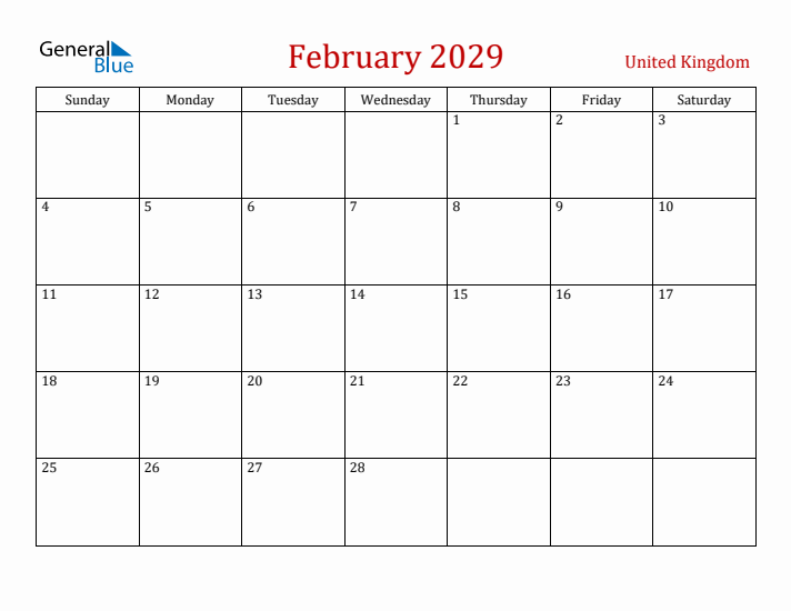 United Kingdom February 2029 Calendar - Sunday Start