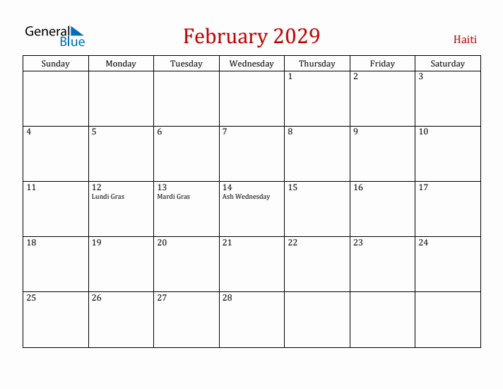 Haiti February 2029 Calendar - Sunday Start