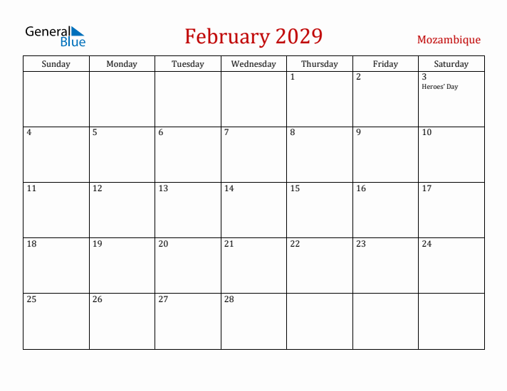 Mozambique February 2029 Calendar - Sunday Start