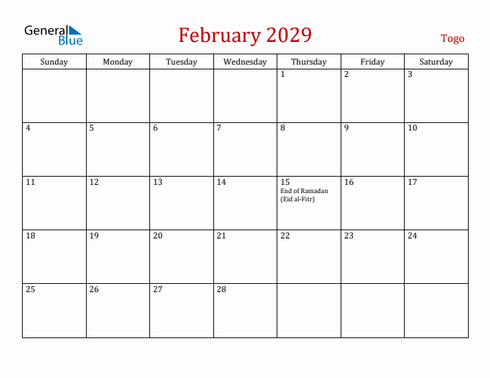 Togo February 2029 Calendar - Sunday Start