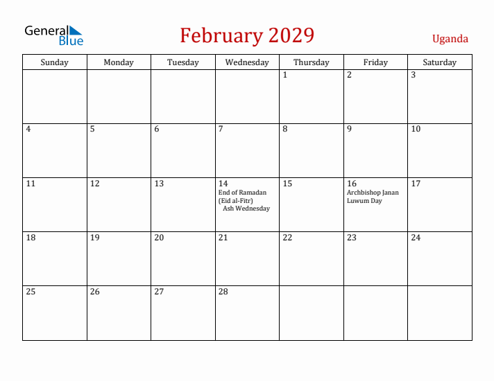 Uganda February 2029 Calendar - Sunday Start