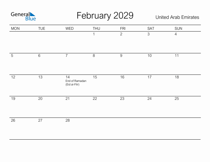 Printable February 2029 Calendar for United Arab Emirates