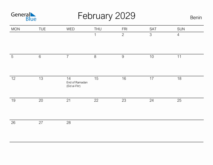 Printable February 2029 Calendar for Benin