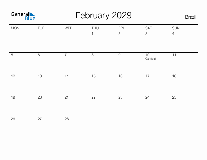 Printable February 2029 Calendar for Brazil