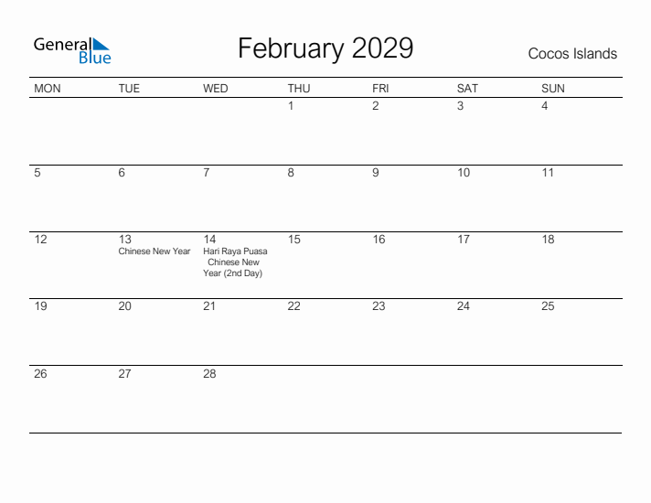 Printable February 2029 Calendar for Cocos Islands