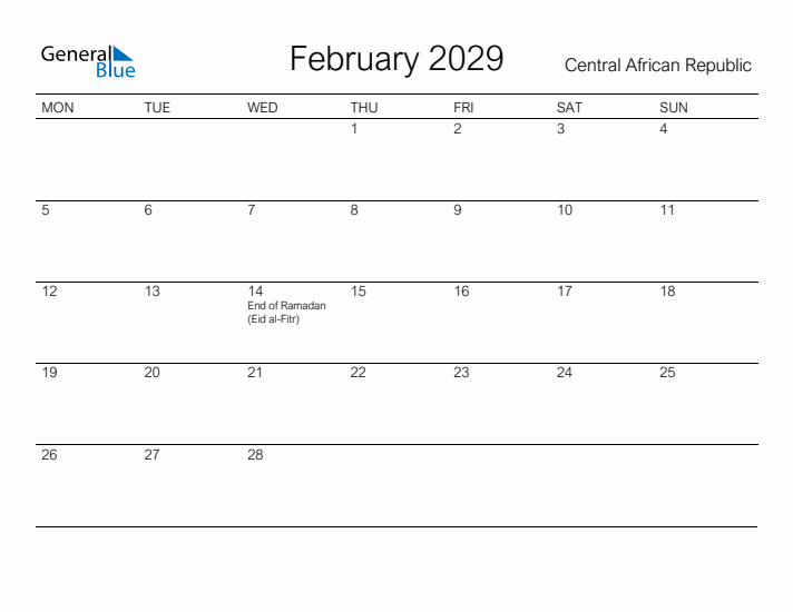 Printable February 2029 Calendar for Central African Republic