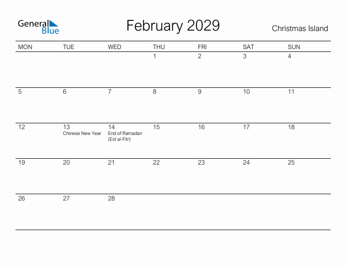 Printable February 2029 Calendar for Christmas Island