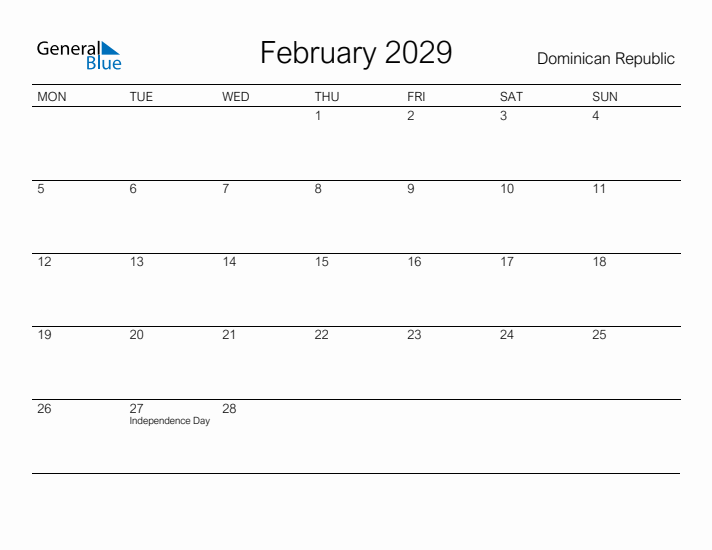 Printable February 2029 Calendar for Dominican Republic